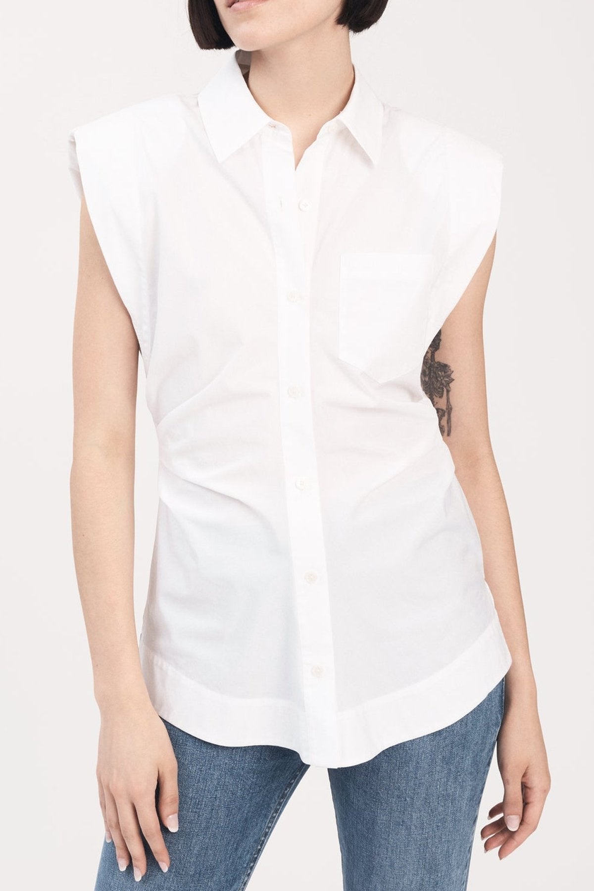 Ivy Sleeveless Ruched Button Down Shirt in White