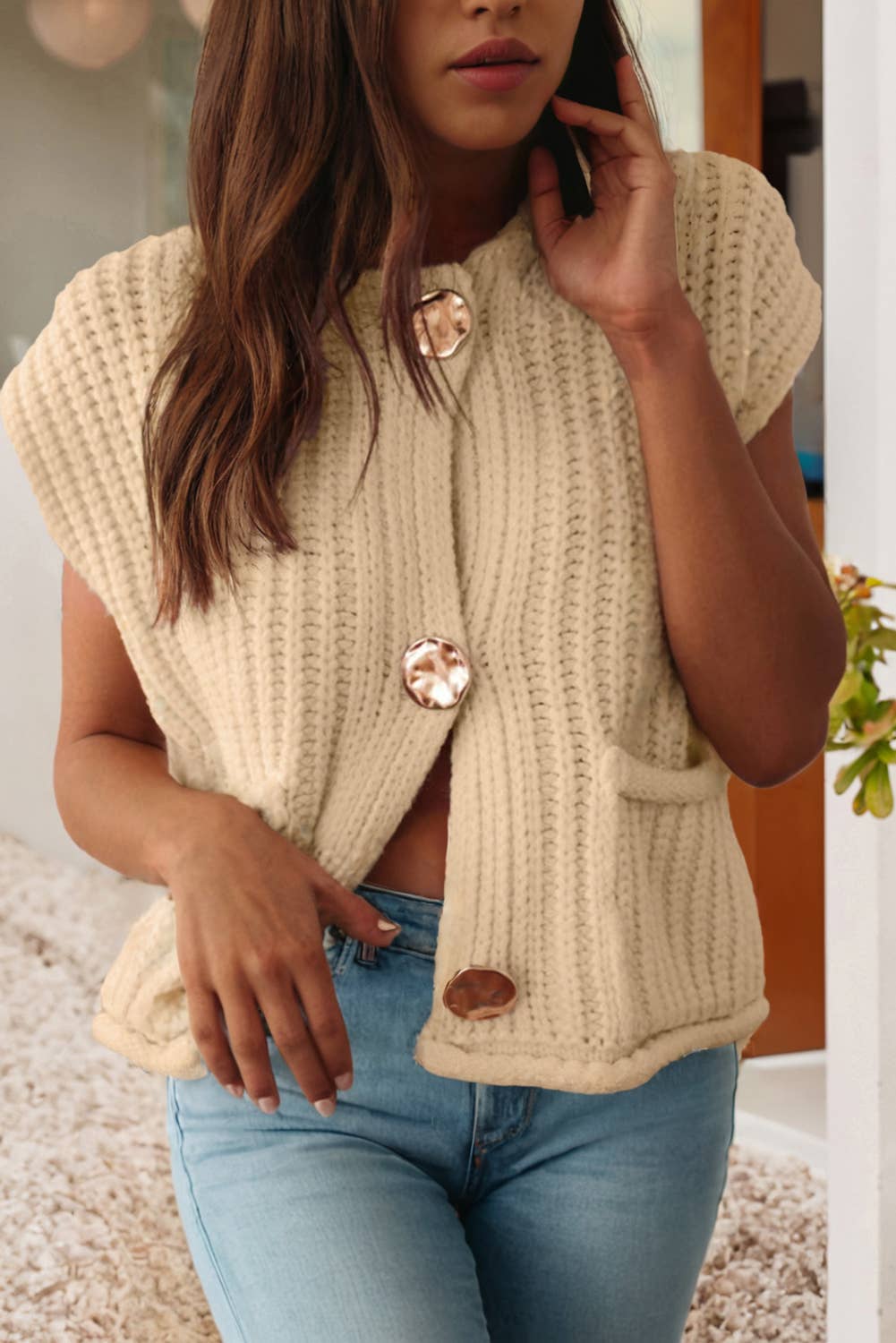 Textured Knit Side Pockets Buttoned Sweater Vest: White