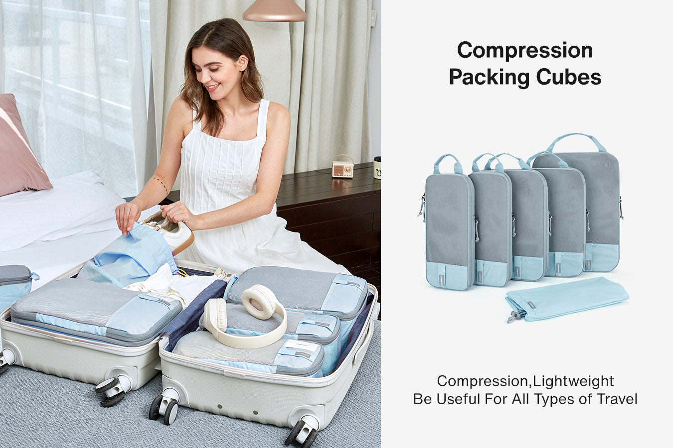 Best Blue Packing cubes help segregate different trip items within shared luggage.