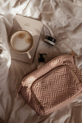 Makeup in the morning with Bagsmart Makeup bag and a coffee