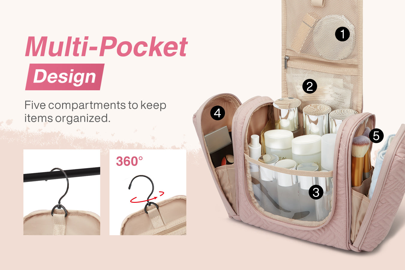 Bagsmart Multi-Pocket Pink Dopp Kit