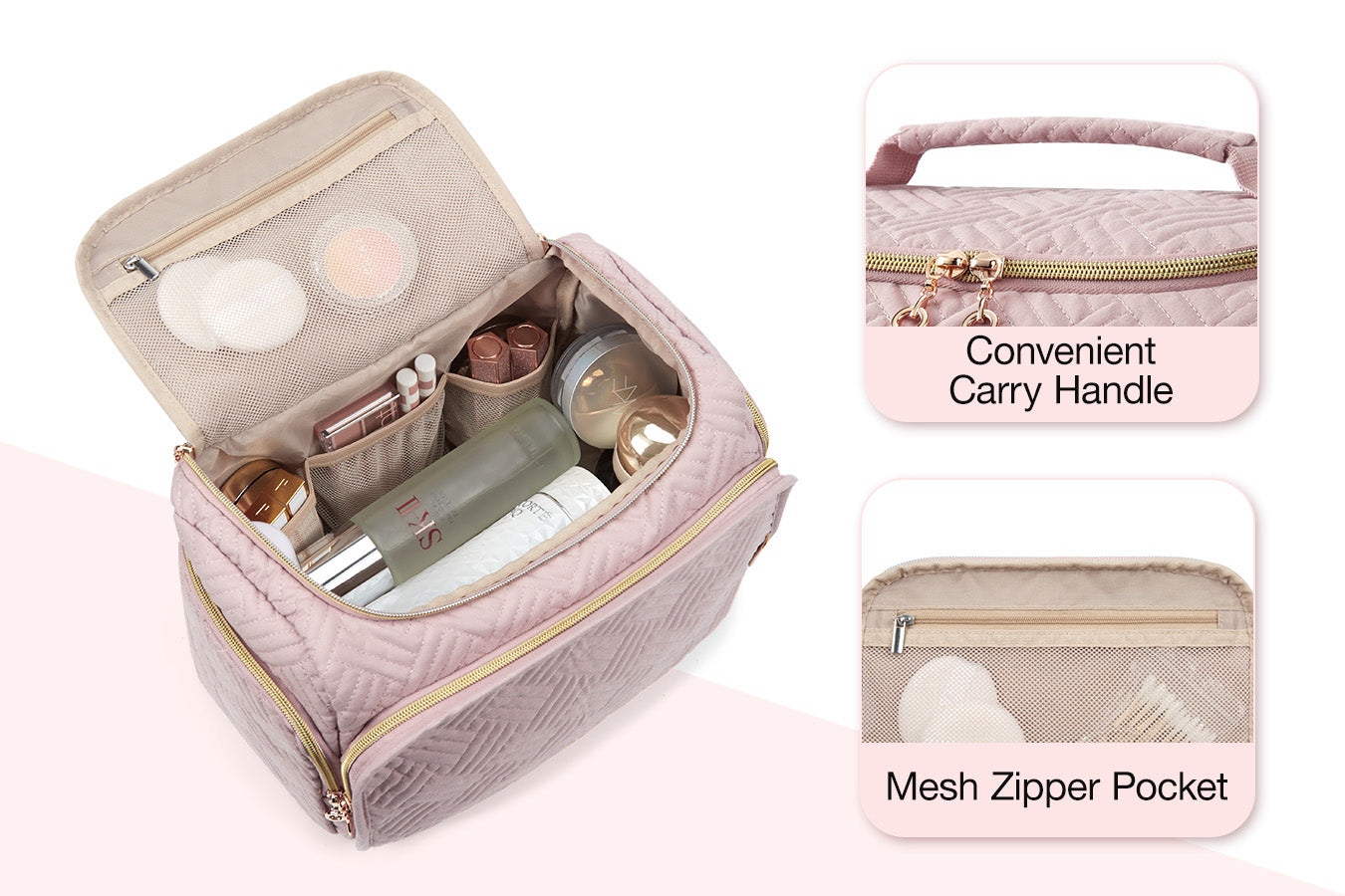 The 3 mesh pockets and zippered pouch keep your essentials right on the Bagsmart toiletry bucket!