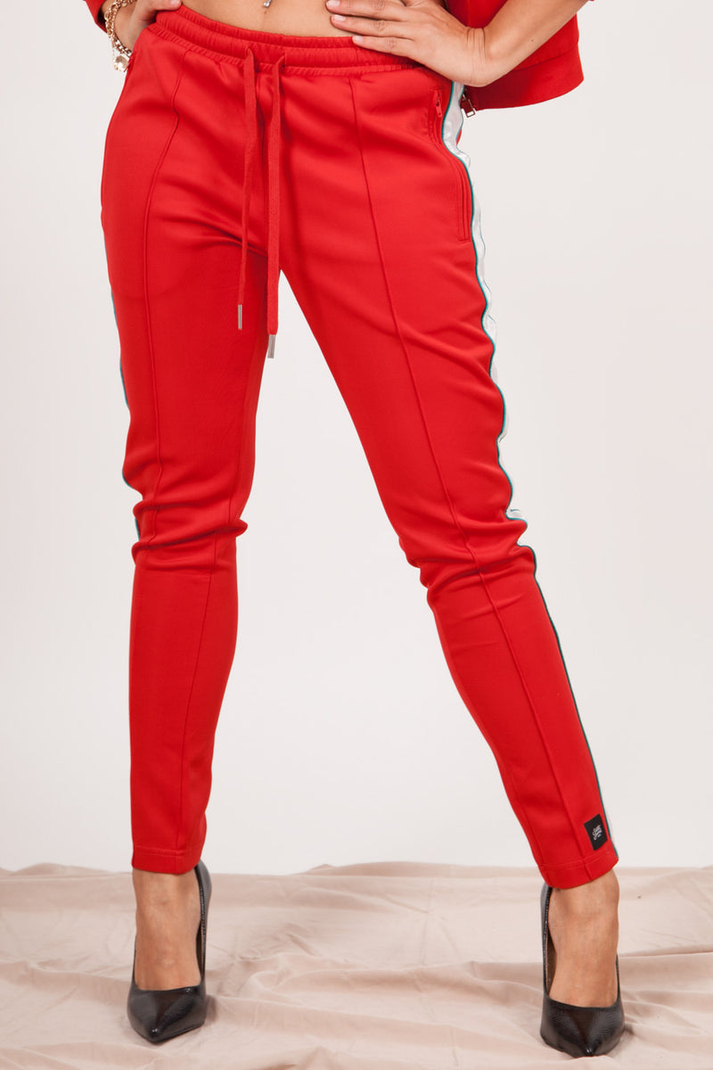 red satin joggers