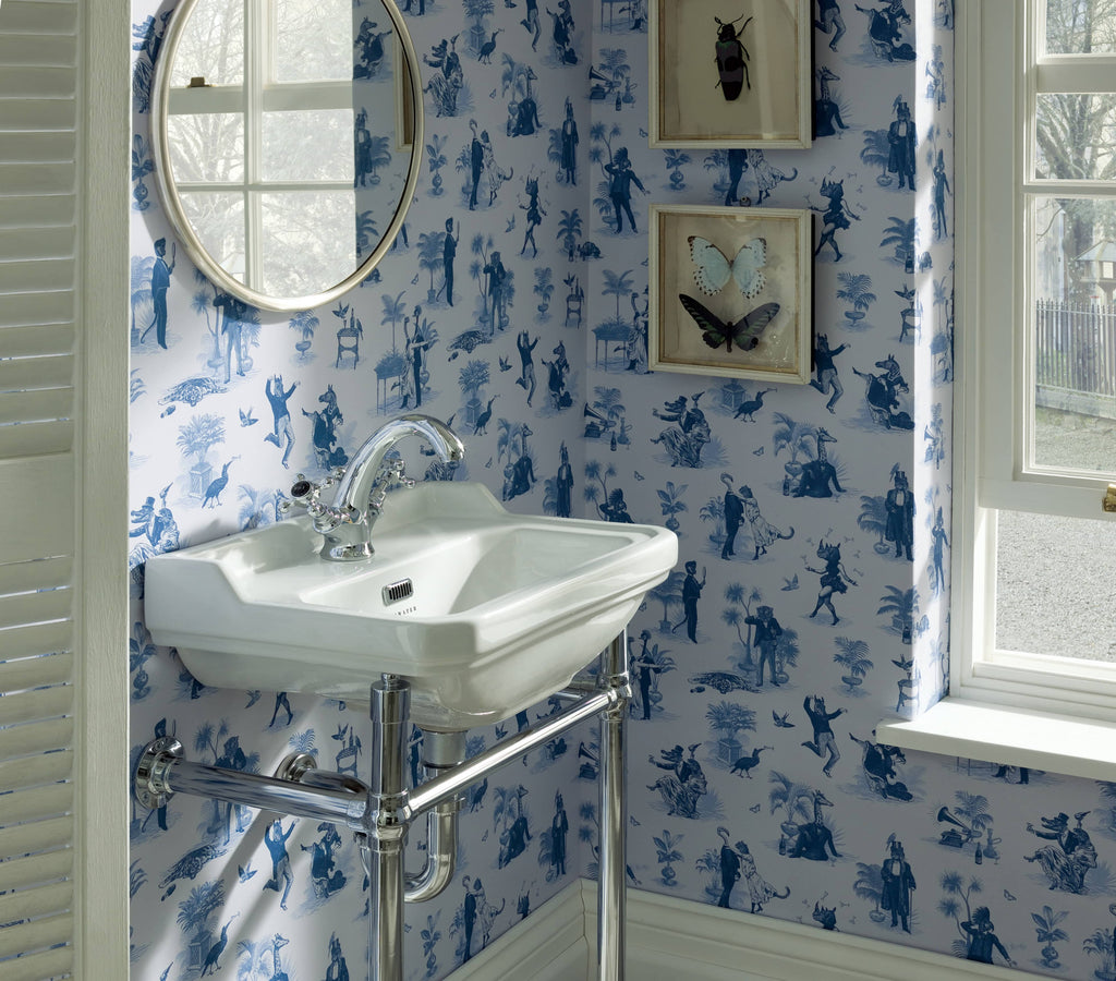 Divine Savages Safari Soiree bleu preppy crisp wallpaper powder room