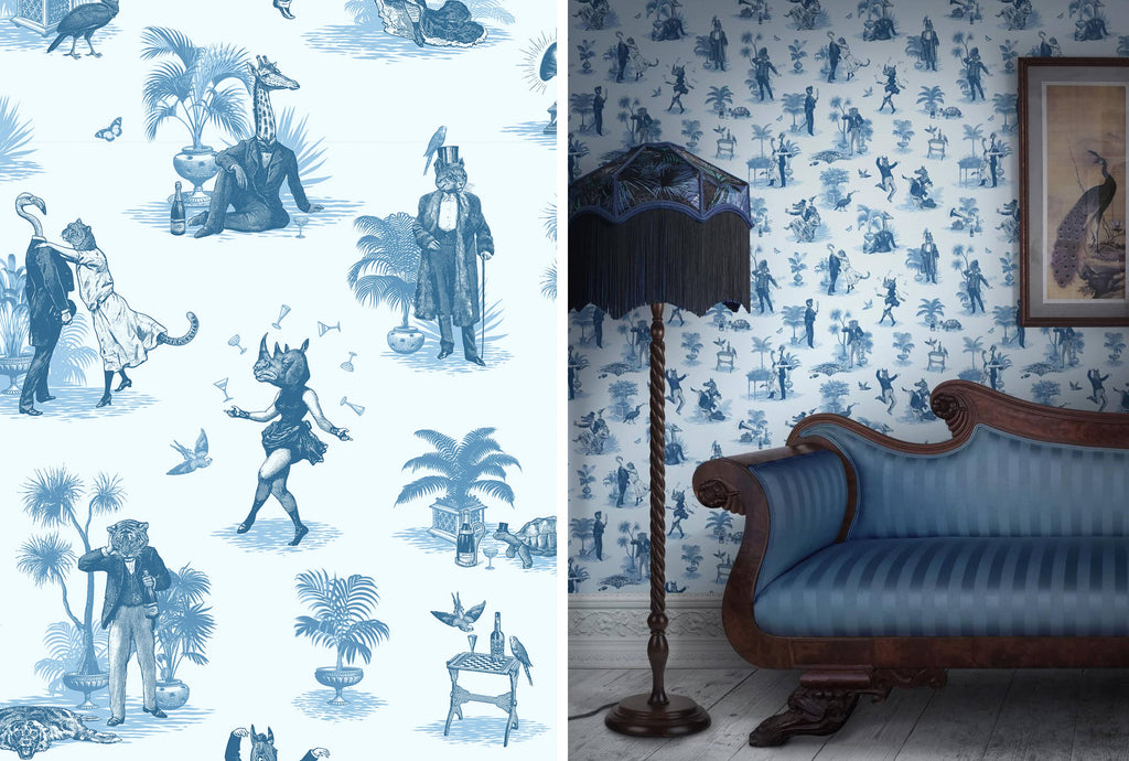 Divine Savages Safari Soiree blue whimsical animal wallpaper