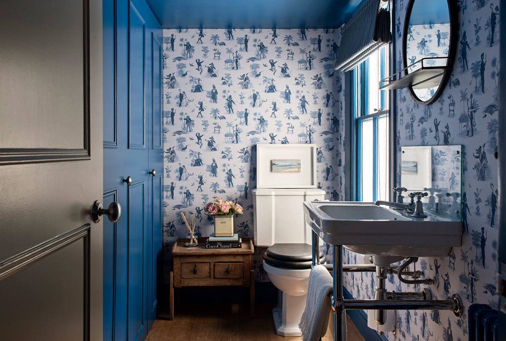 Divine Savages Safari Soiree Heron Blue Wallpaper in bathroom