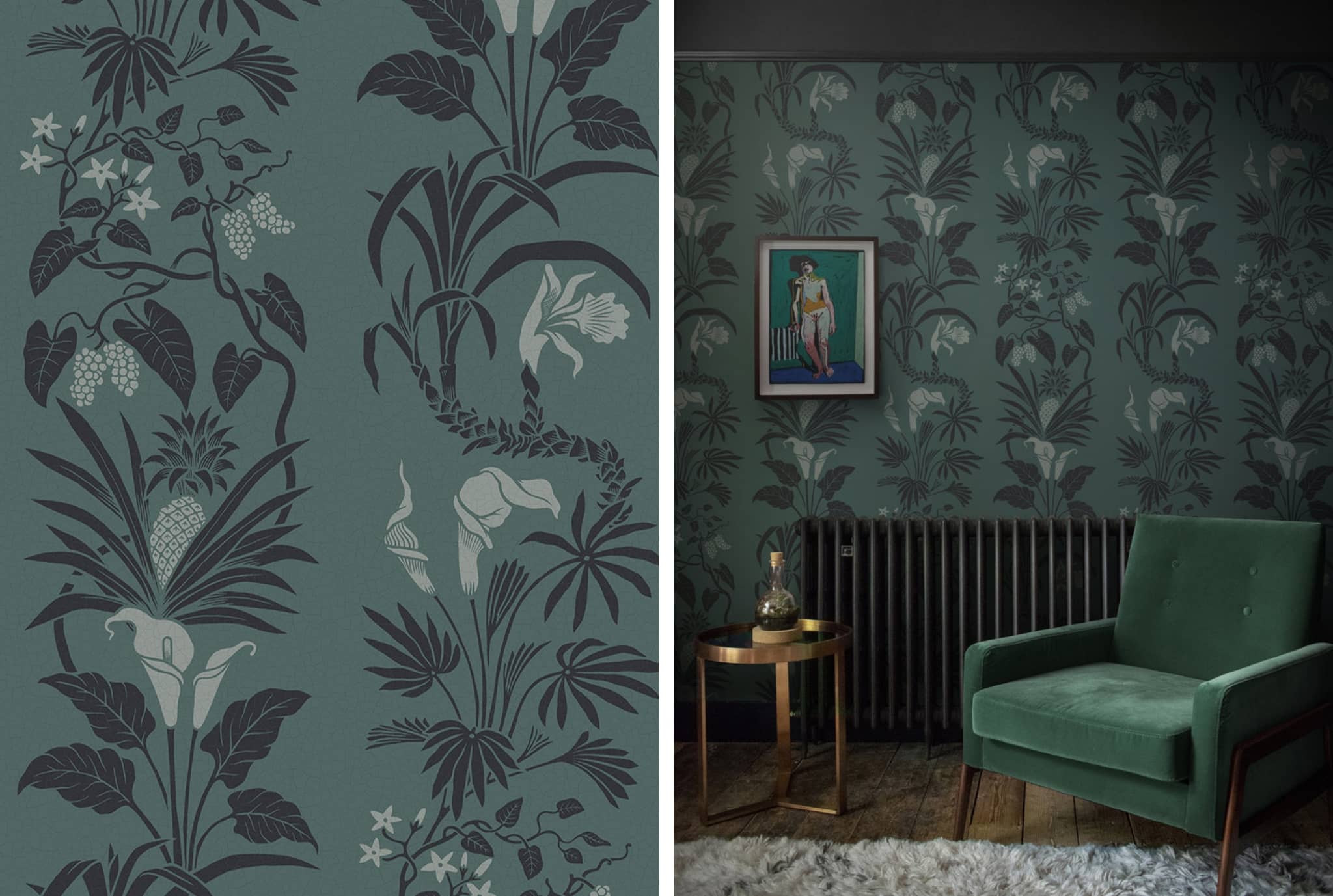 Divine Savages Botanize floral teal green wallpaper