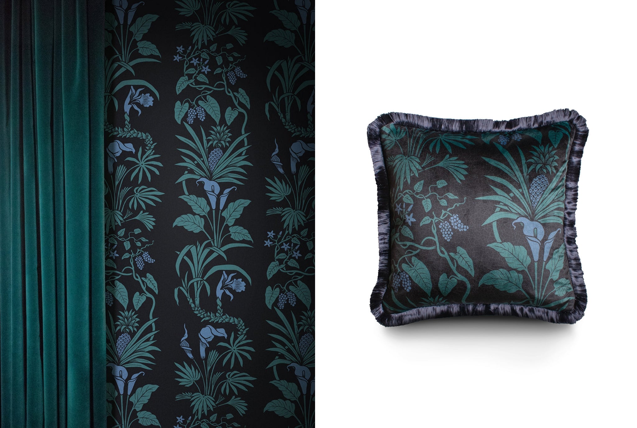 Divine Savages Botanize dark floral blue green wallpaper cushion