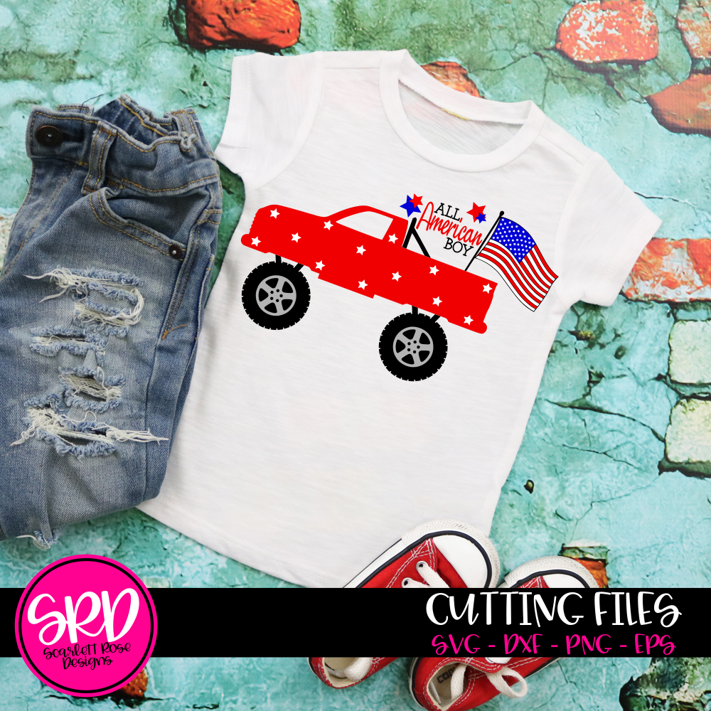 Download Fourth of July SVG cut file, All American Boy Flag Monster Truck - Scarlett Rose Designs