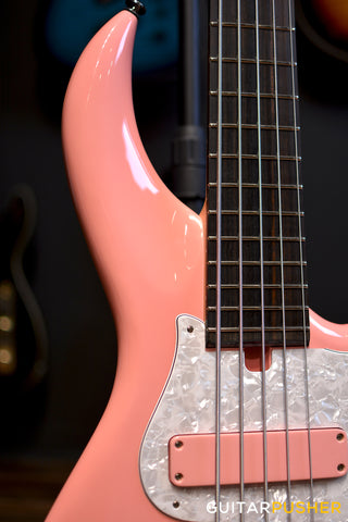 pink 5 string bass guitar