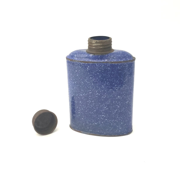 Antique Blue with White Enameled Speckled Flask with Original Lid