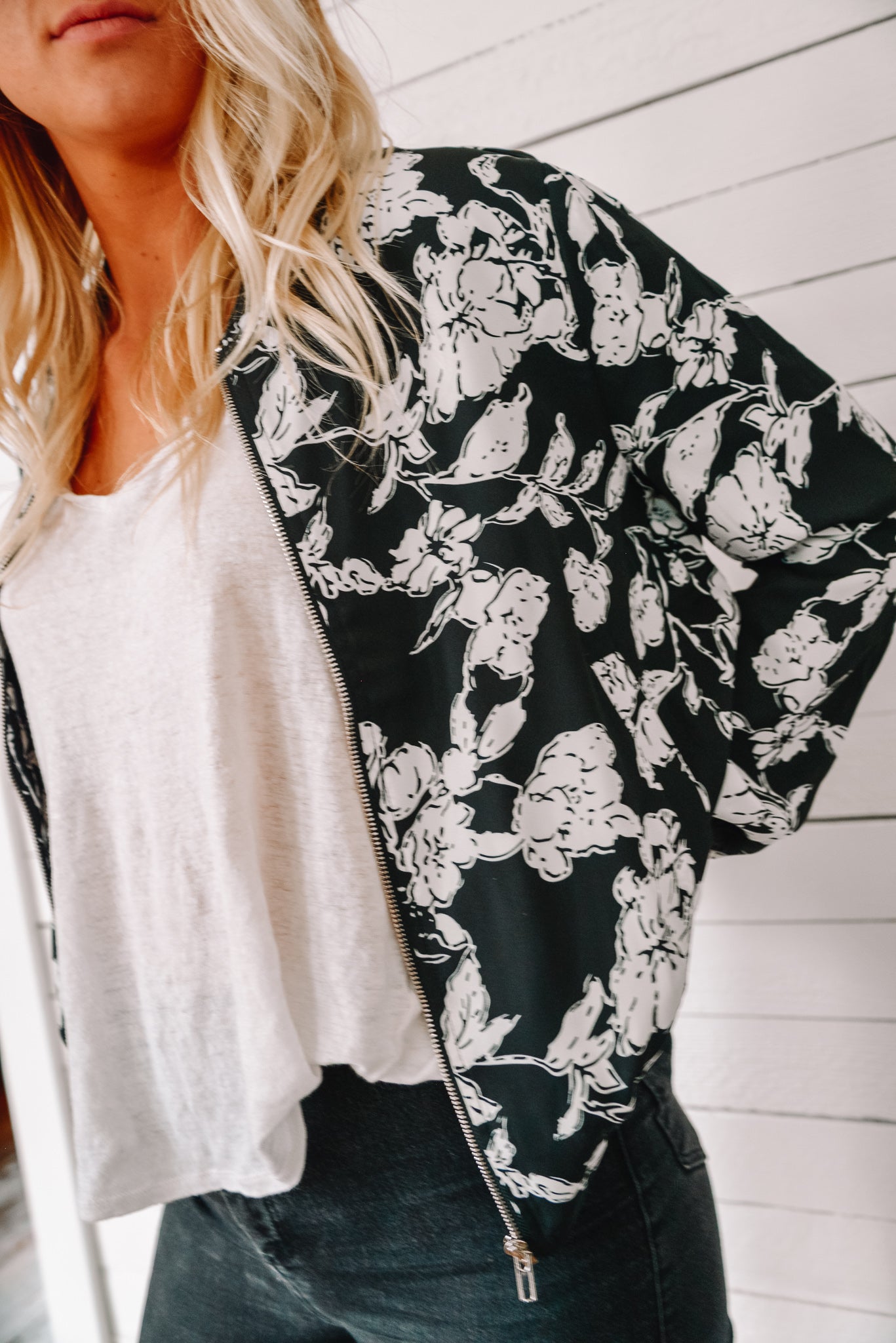 white floral bomber jacket