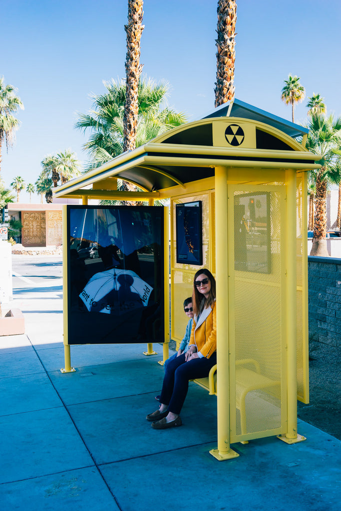 Mary Kelly Peace is the Only Shelter yellow bus stop Palm Springs desert x 19