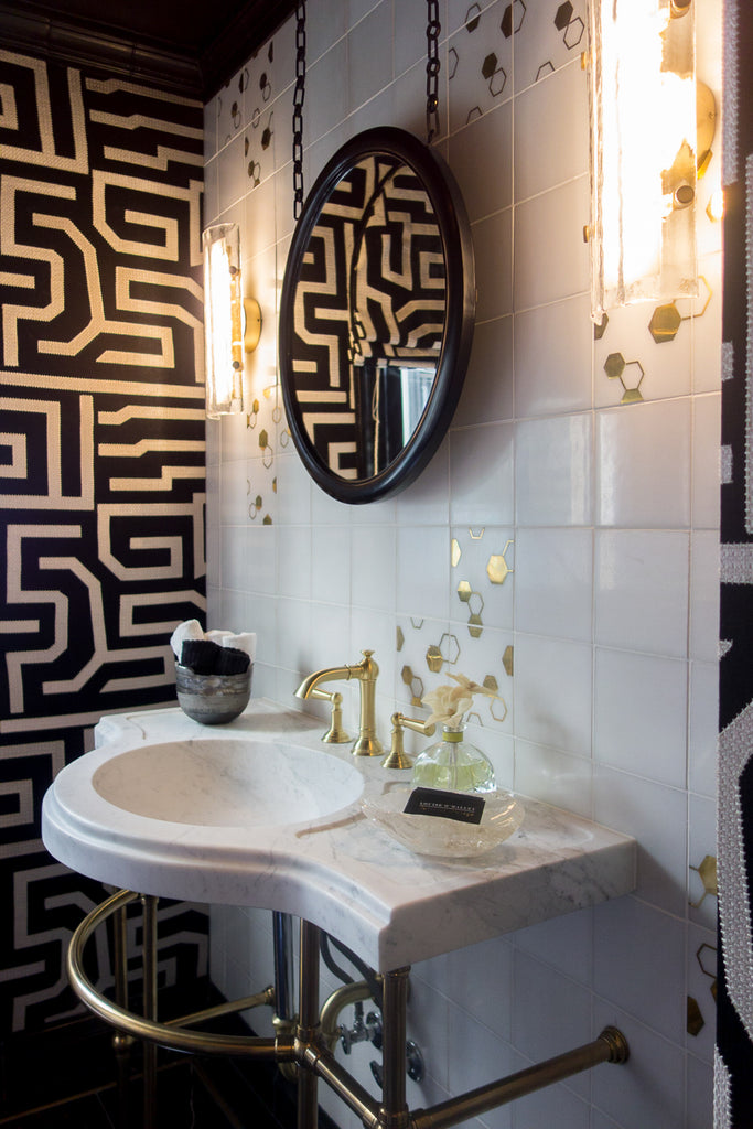 Louise o'malley powder room Pasadena showcase house of design marble wall geometric fabric wallpaper