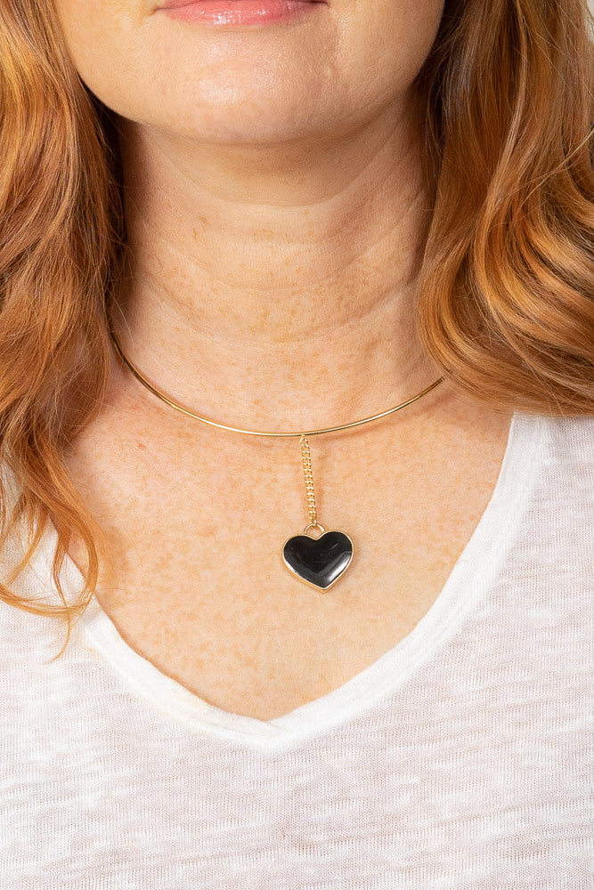 black heart enamel choker necklace on red hair model