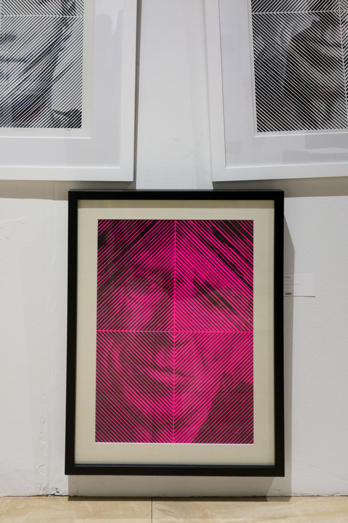 neon pink Keith Richards drawing by Michael o'neal at the other art show la