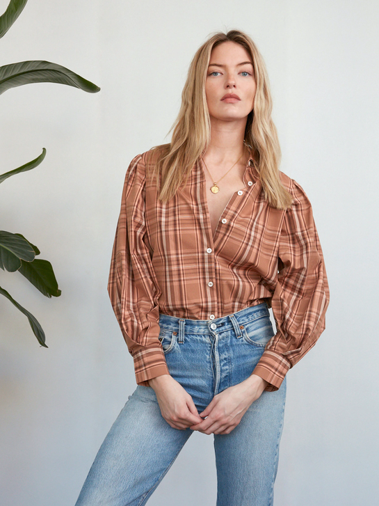 brown plaid blouse on blond model