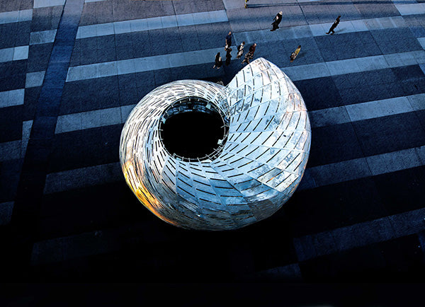 nautilus shaped orbit pavillion aerial view