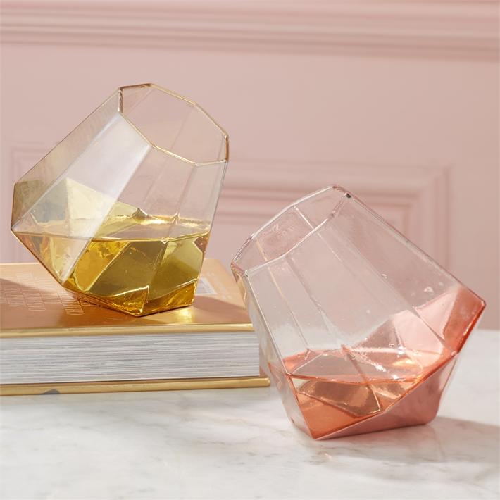 rose gold and yellow gold stemless wine glasses
