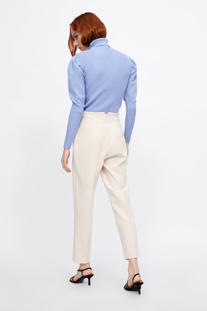 Zara white high waist trousers on model