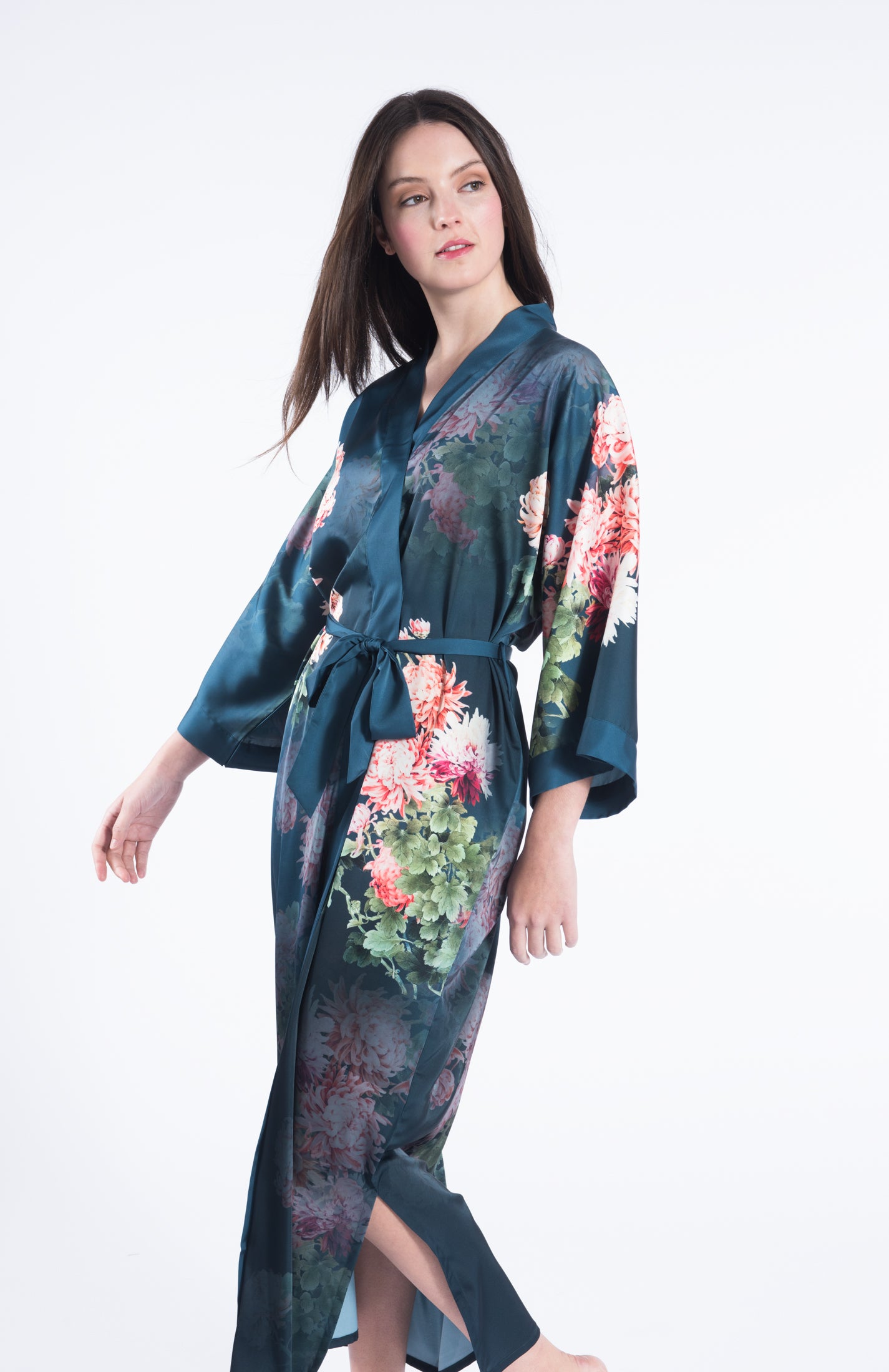 Coral Chrysanthemum Long Kimono Robe