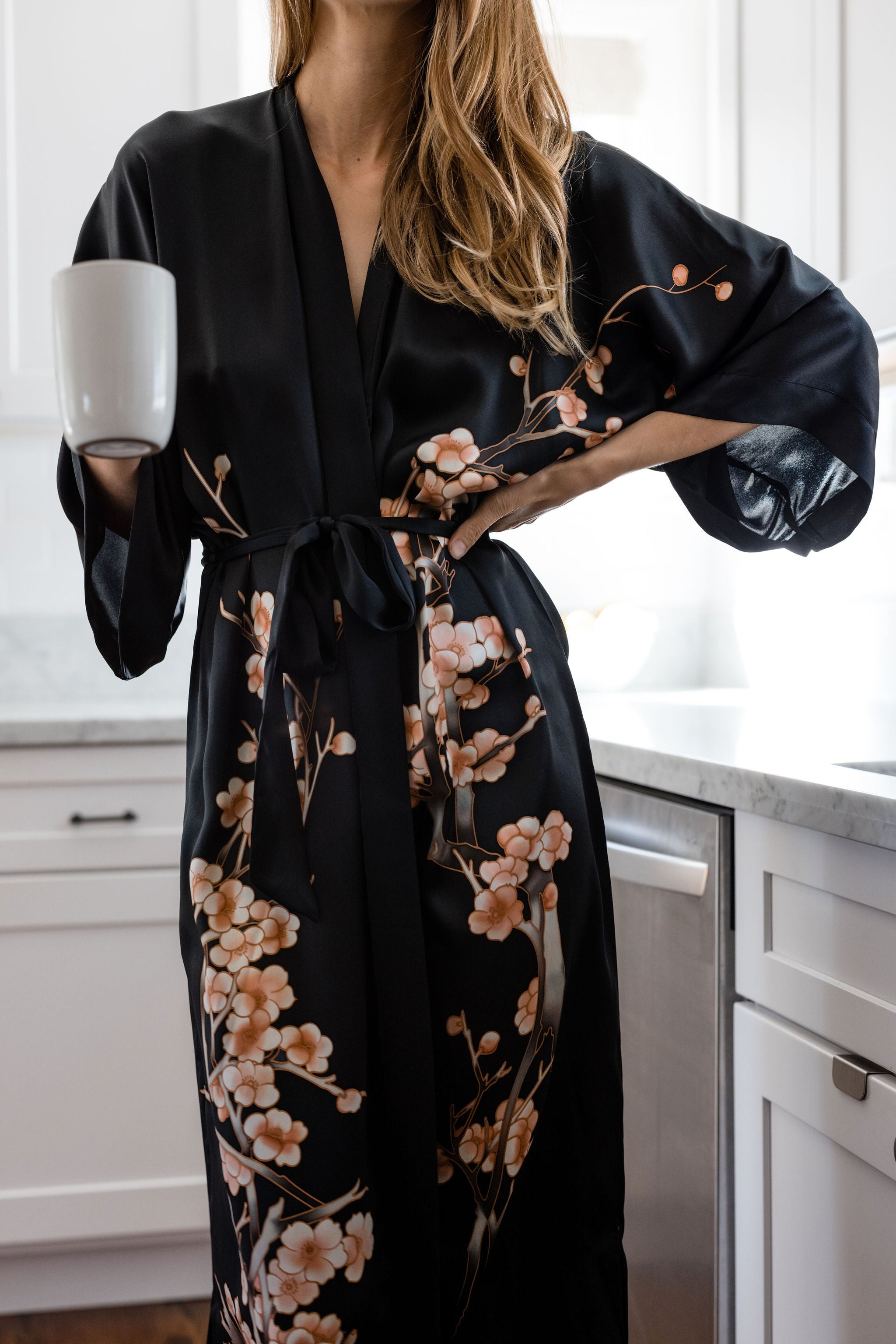 Handpainted Silk Cherry Blossom Kimono Robe