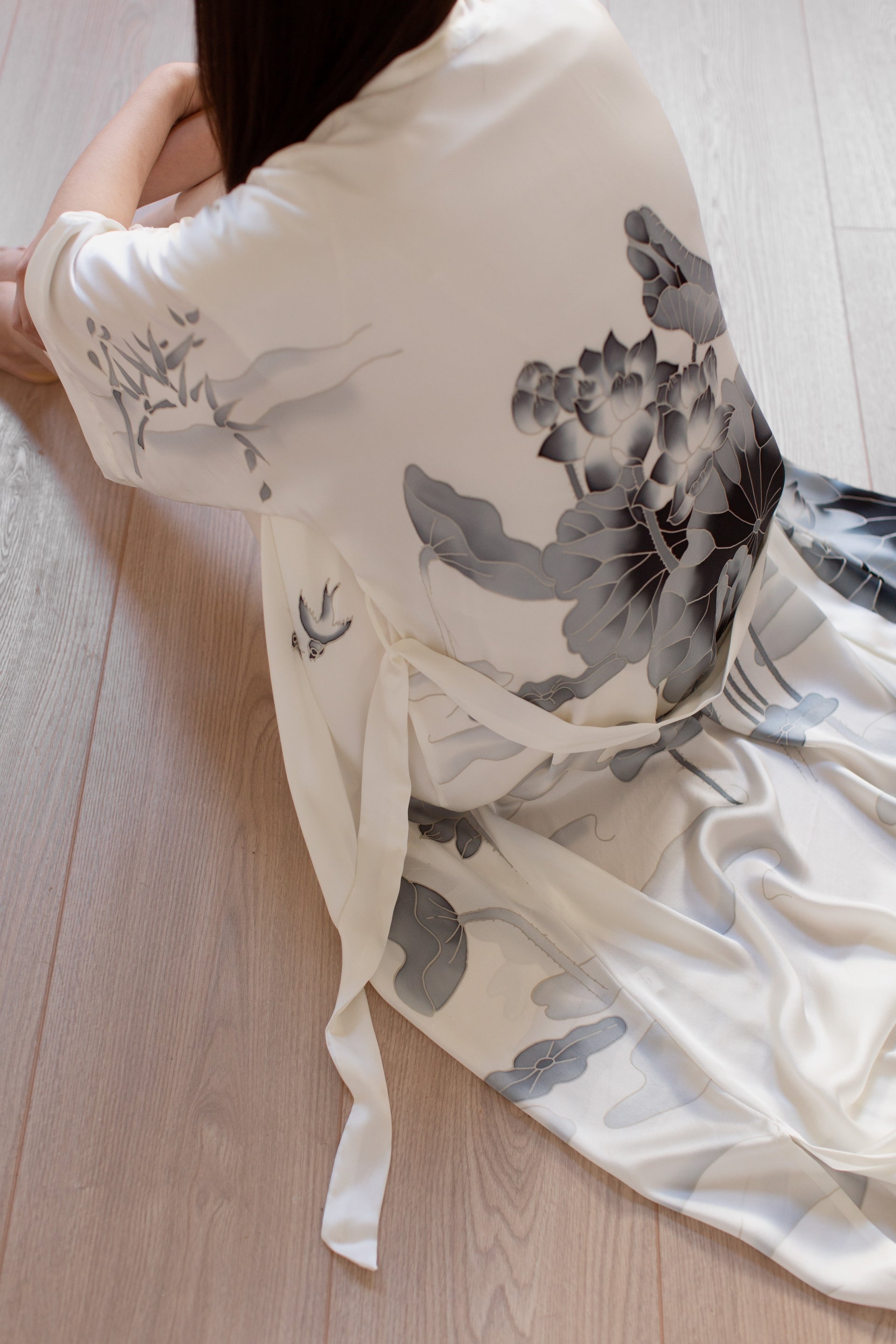 Handpainted Lotus Long Kimono Robe