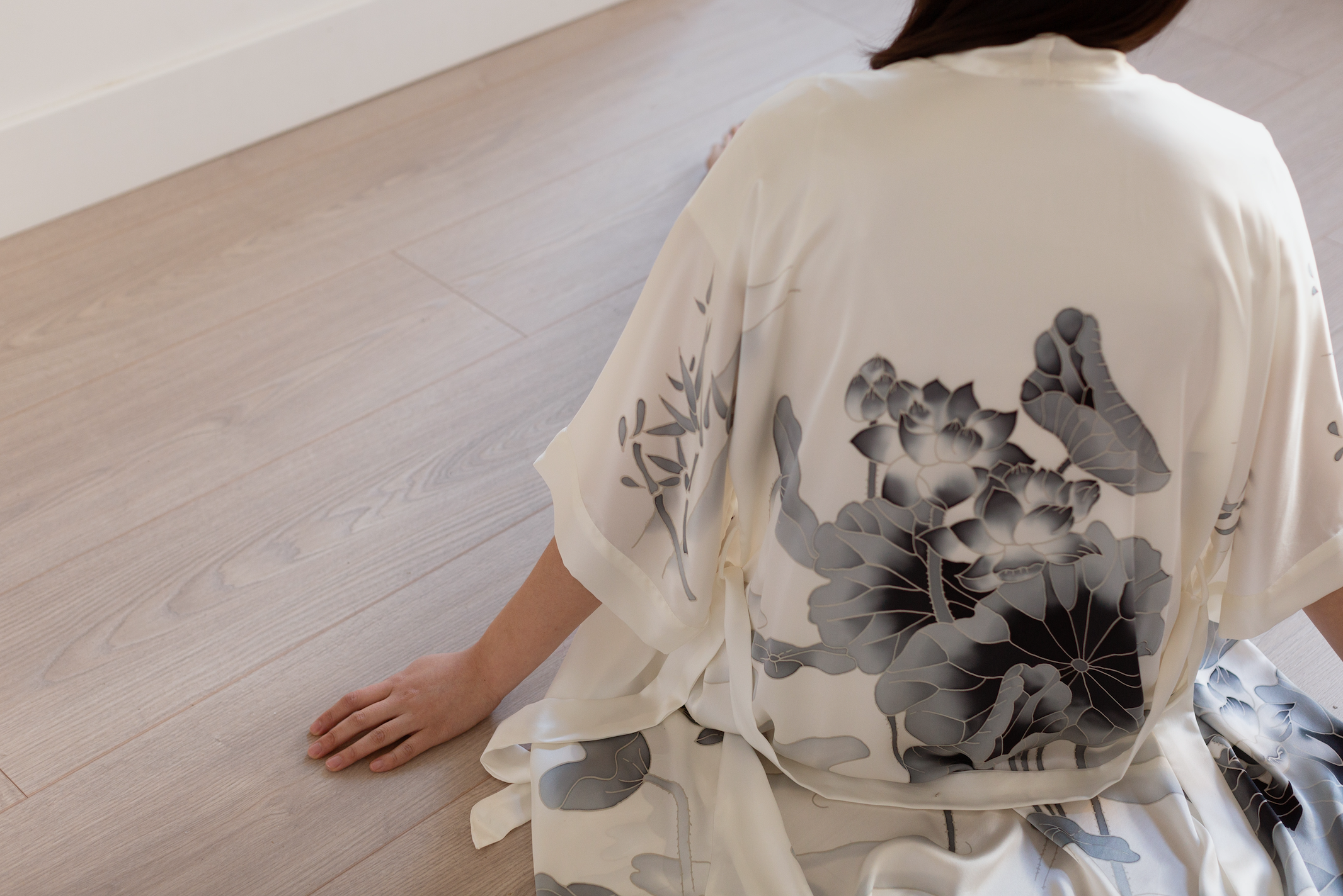 Handpainted Silk Lotus Kimono Robe