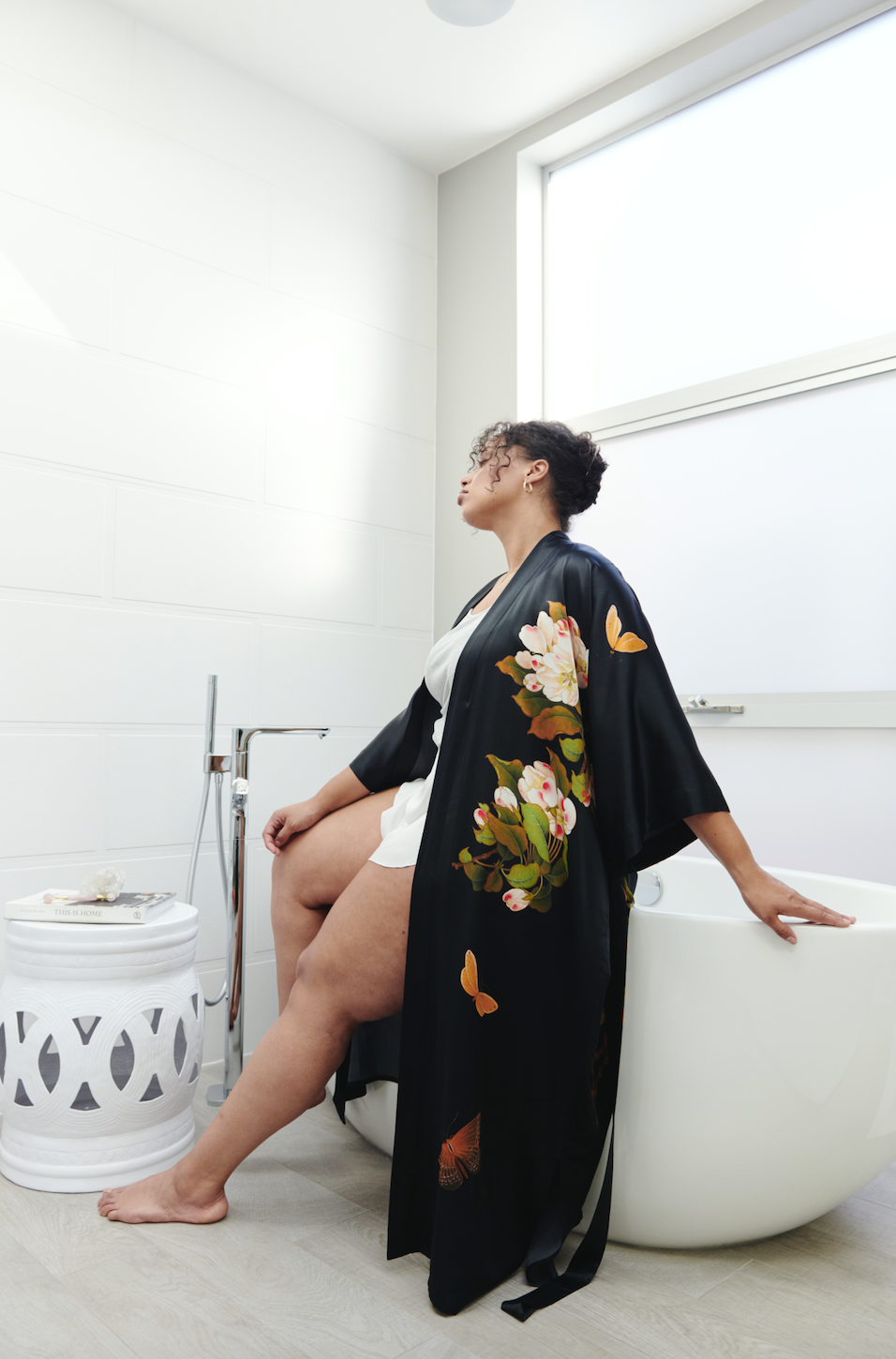 Washable Silk Peony & Butterfly Kimono Robe