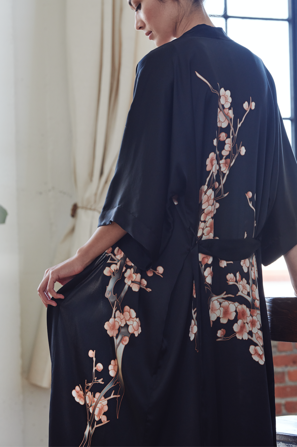 Handpained Silk Cherry Blossom Kimono Robe