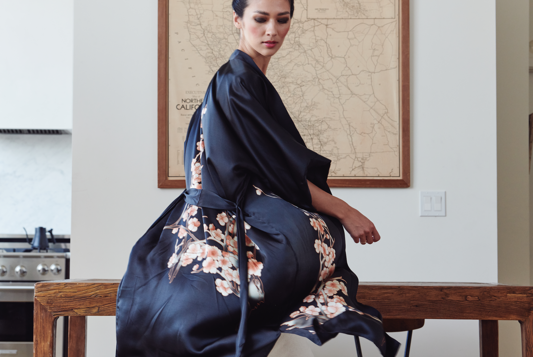 Handpainted Silk Cherry Blossom Kimono Robe