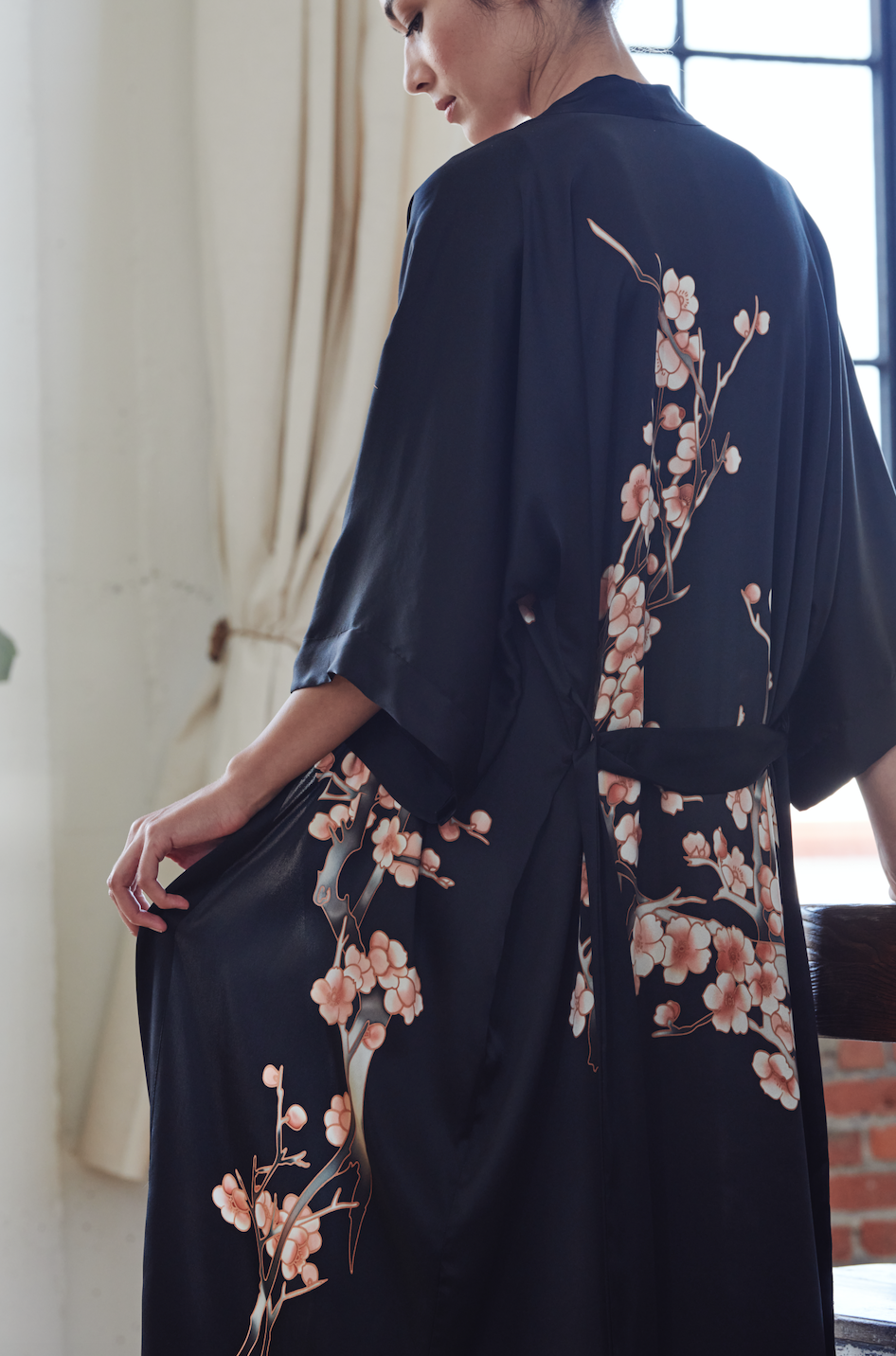 Handpainted Silk Cherry Blossom Kimono Robe