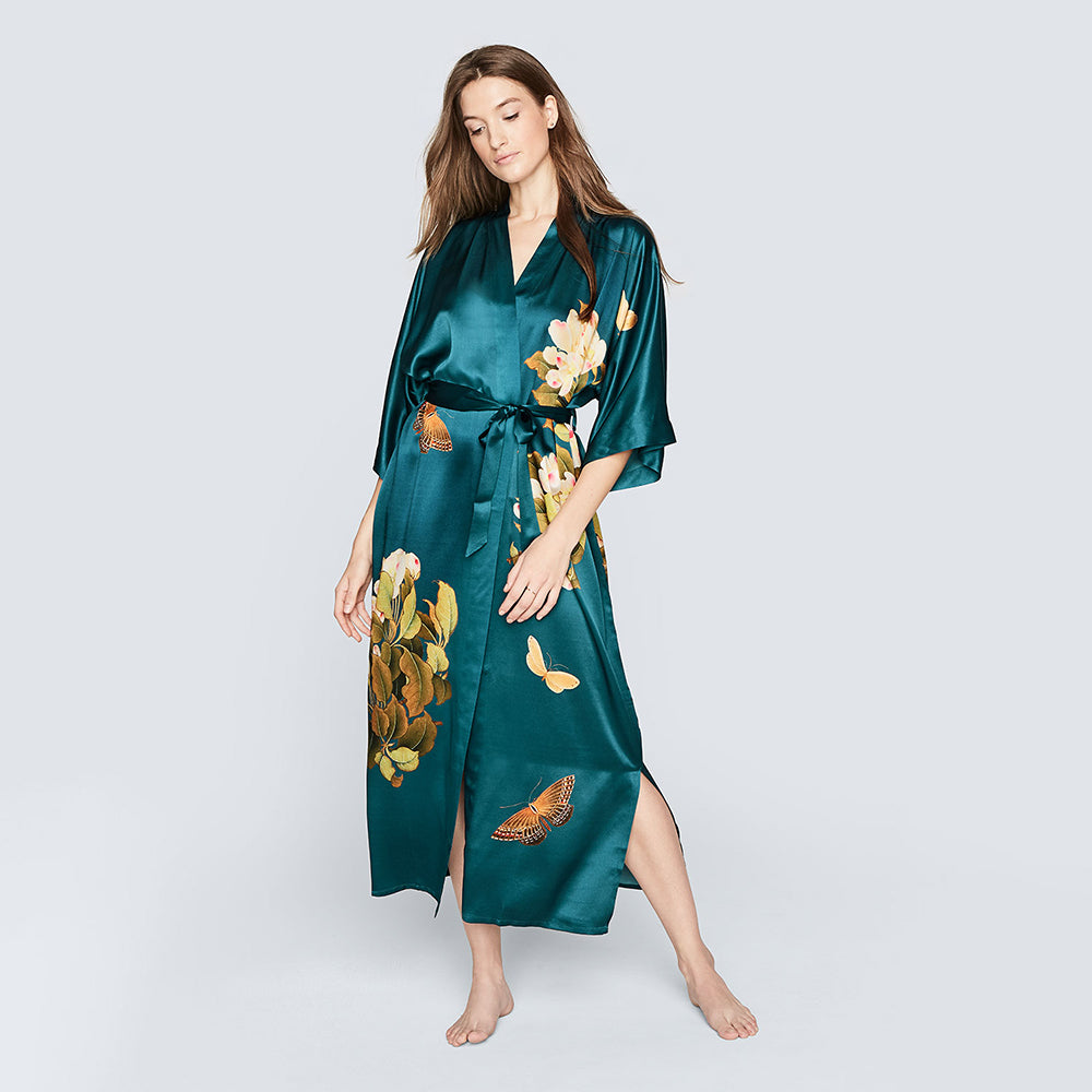 Washable Silk Peony & Butterfly Kimono Robe