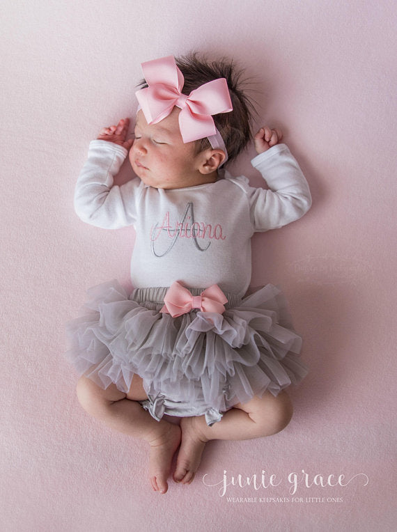 Pink and Gray Baby Girl Tutu and Personalized Bodysuit – Junie Grace