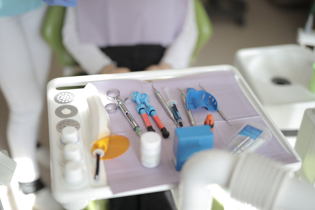 Dental procedure tools on sterilized tray