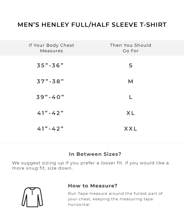 The Long Sleeve Black Henley Size Guide