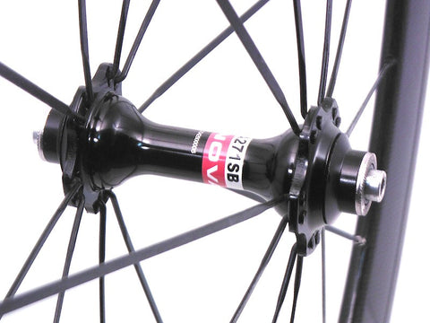 Picture of Chinese Fake Carbon Campagnolo Bora Wheels rebuilt to be reliable by XLR8 Wheels. Front Novatec hub shown.