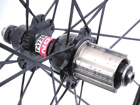 Image of Chinese Fake Carbon Campagnolo Bora Wheels rebuilt to be reliable by XLR8 Wheels. Rear Novatec hub shown.