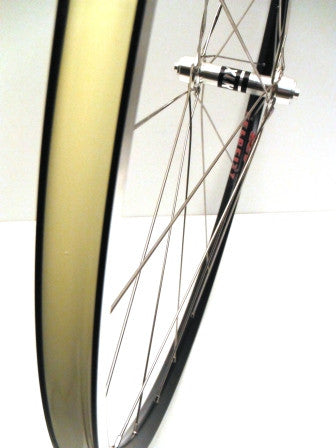 XLR8 wheels custom handmade Velocity A23 tubeless road wheels using XLR8 MD road hubs. Photo of tubeless rim tape.