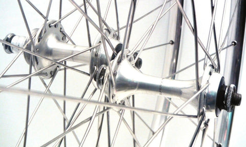 Image of custom bicycle wheels Hplusson TB14 polished hand built onto Suntour Superbe Pro hubs with Sapim race spokes