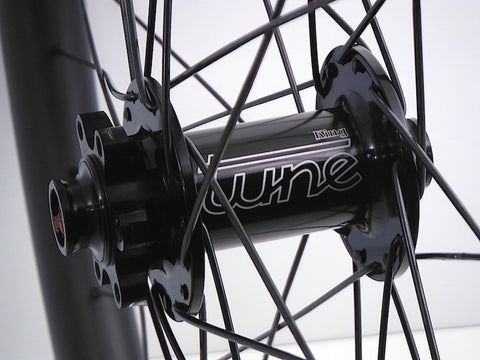 Photo of custom carbon 650b Enduro MTB wheels using Tune King and Kong Hubs, but XLR8 Wheels. Front hub shown.