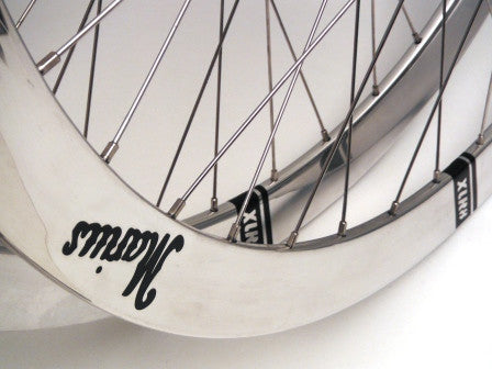 XLR8wheels custom handmade track wheels using Hplusson Formation Face and Maillard hubs. Photo of rims and decals.