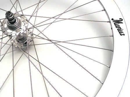 Marius custom handmade track wheels using Hplusson Formation Face and Maillard hubs. Photo of rear wheel.