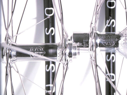 Image of handmade bicycle wheels by XLR8 - Hplusson Archetype in black and polished White industries T11 hubs.