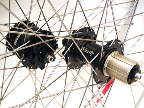 Photo of Shutter Precision PD8 dynamo and Velocity Pro hubs built onto Stan's No Tubes ARCH MTB rim
