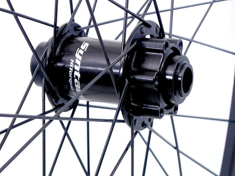 Picture of Syntace W35 wheels rebuilt by XLR8 wheels for better lateral stiffness. Front hub photo.