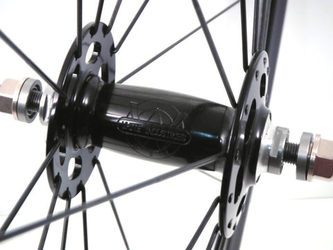 Image of custom track bicycle wheels using Velocity Pro Elite Tubular Track rims with White Industries Track hubs. Front hub pictured.