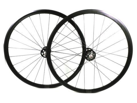 Photo of custom track bicycle wheels using Velocity Pro Elite Tubular Track rims with White Industries Track hubs.