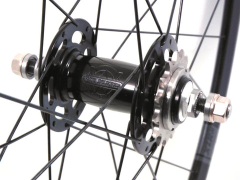 Image of custom track bicycle wheels using Velocity Pro Elite Tubular Track rims with White Industries Track hubs. Rear hub and cog pictured.