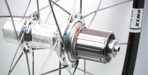 Image of White Industries T11 hubs on XLR8 rims custom alloy super light road bicycle wheels. Image of rear hub.